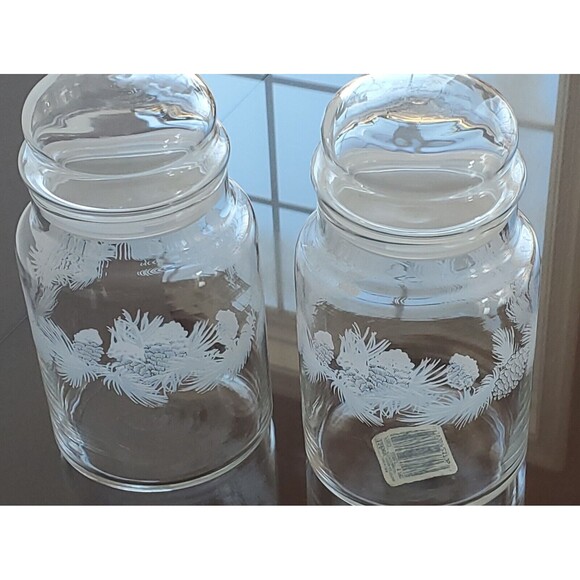 VTG Libbey FROSTED WINTER Pinecones Pine Christmas CANISTER Cookie Candy Jar Set - Picture 2 of 10